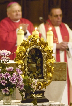 Mši k uctění památky svatého Valentýna, ve světském pojetí patrona zamilovaných, celebroval 14. února biskup Karel Herbst (vlevo) v bazilice sv. Petra a Pavla v Praze na Vyšehradě.